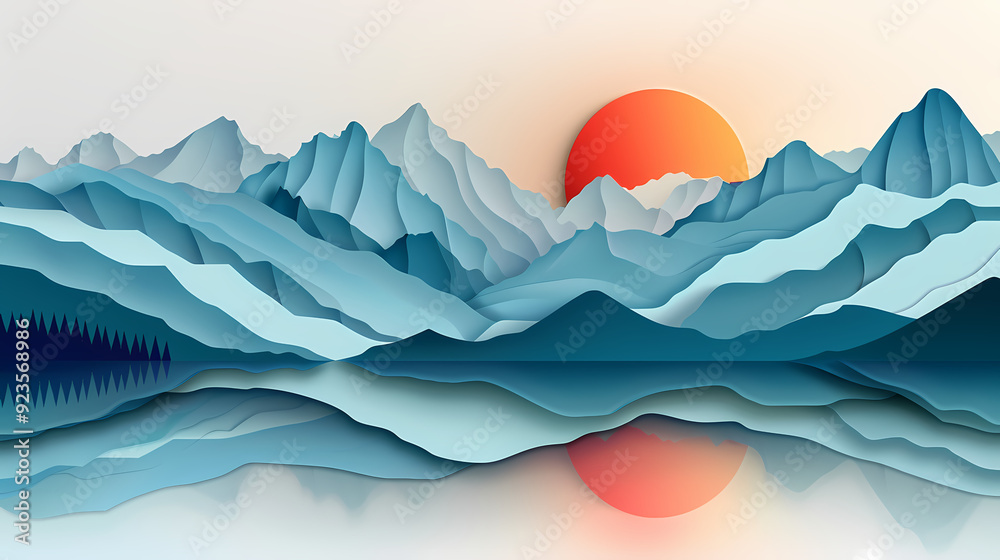 mountains landscape.3d Paper cut abstract minimal nature scene, template background.Vector illustration.