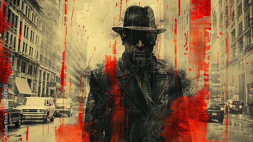retro italian mafia gangster on background of american city contemporary art collage.