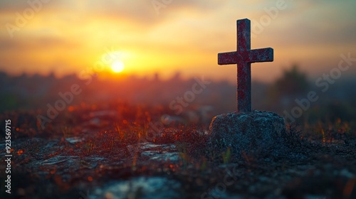 A solitary cross stands amidst the tranquil landscape as the sun sets, casting warm golden hues across the serene terrain of Golgotha