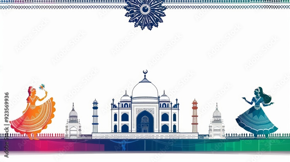 Celebrating India Independence Day with Traditional Dance and Iconic Taj Mahal Illustration