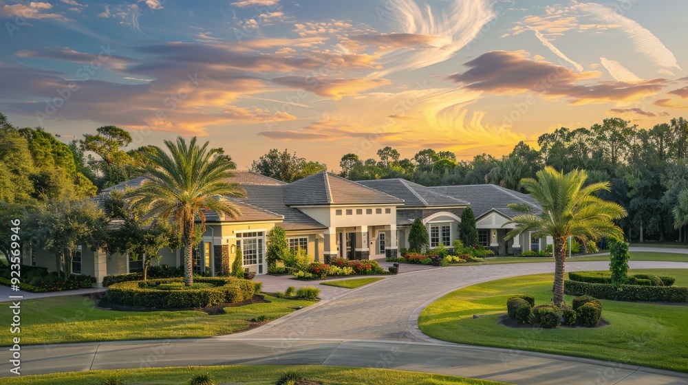 A picturesque residential property with lush landscaping and a sunset backdrop. A picturesque residential property with lush landscaping and a sunset backdrop.