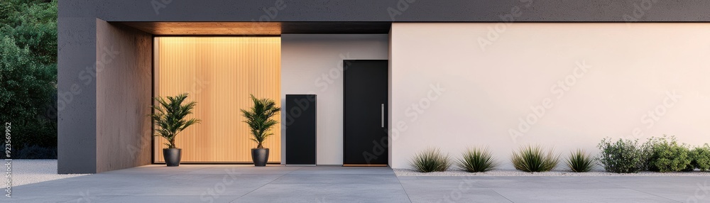 Modern entrance featuring sleek lines, warm lighting, and decorative plants, showcasing contemporary architectural design. Modern entrance featuring sleek lines, warm lighting, and decorative plants, showcasing contemporary architectural design.