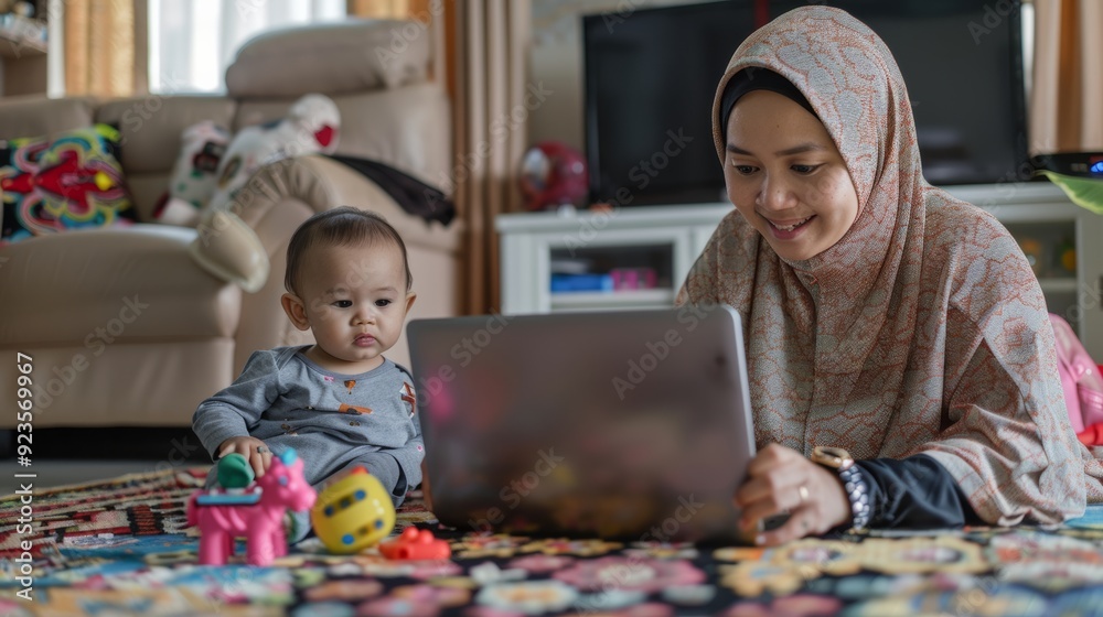 Muslim mother working on laptop and cute baby playing with toys in living room at home. Muslim mother working on laptop and cute baby playing with toys in living room at home.