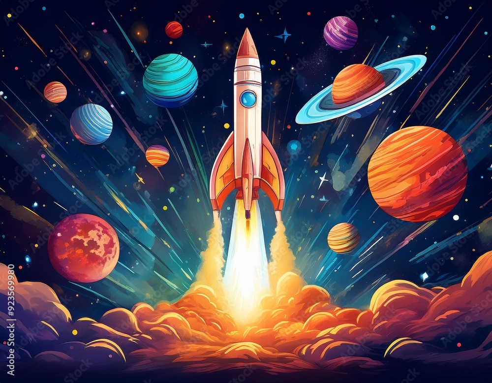 Cosmic Journey A whimsical rocket blasts off into the vast expanse of space, soaring past colorful planets towards a backdrop of twinkling stars. Cosmic Journey A whimsical rocket blasts off into the vast expanse of space, soaring past colorful planets towards a backdrop of twinkling stars.