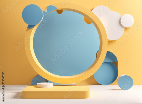 Brightly Colored Circular Display Featuring Abstract Shapes Against Yellow Backdrop in Modern Creative Space photo