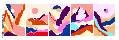 Set of wall art illustrations featuring landscapes in Japanese or Korean style. The vector designs depict serene mountain scenes, sunrises, and sunsets