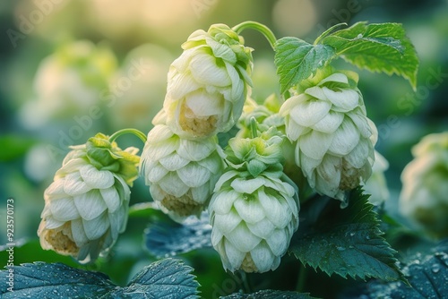 Beer ingredient botanical closeup. Agriculture and brewing industry. Plant detail, organic texture. Fresh harvest, aromatic herb. Craft beer. photo