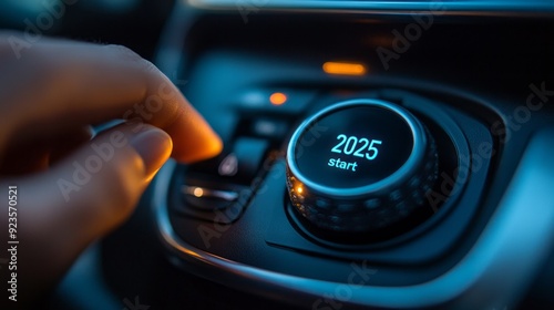 A hand gently turns the ignition dial, signaling the beginning of an evening adventure in a sleek automobile