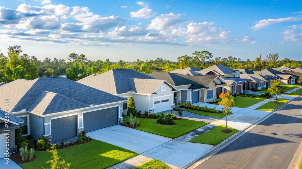 A row of modern houses with manicured lawns under a clear blue sky. A row of modern houses with manicured lawns under a clear blue sky.