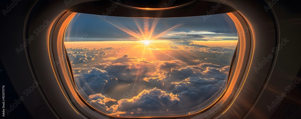 Airplane Window View of Sunset Over Clouds Airplane Window View of Sunset Over Clouds