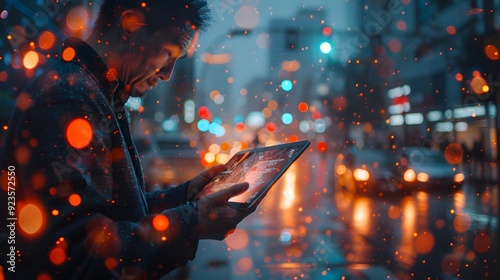 Man Holding iPad at Night in a Business Setting, Technology and Commercial Scene