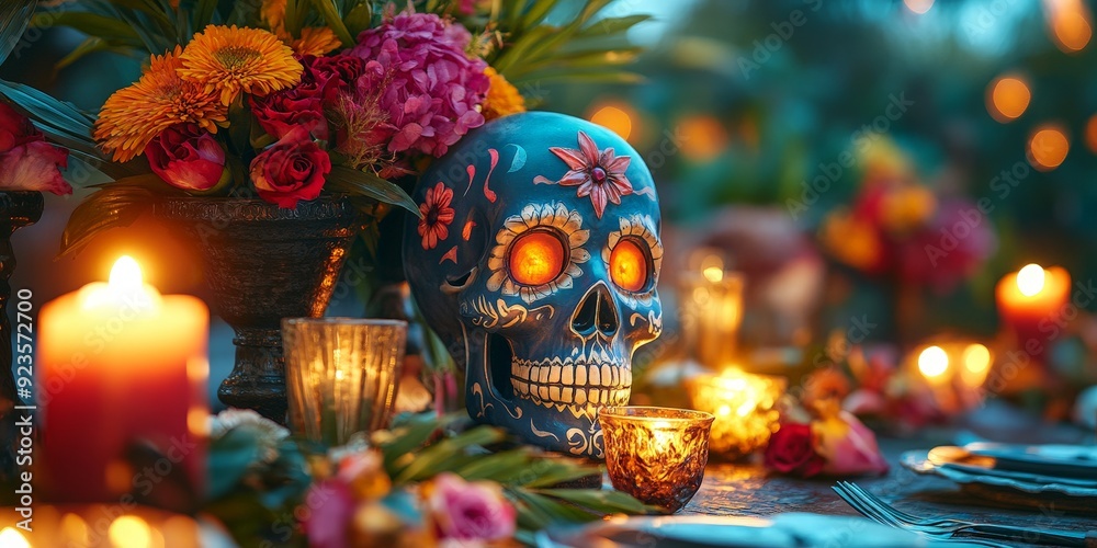 Naklejka premium Day of the Dead altar with colorful sugar skulls and candles, vibrant and festive