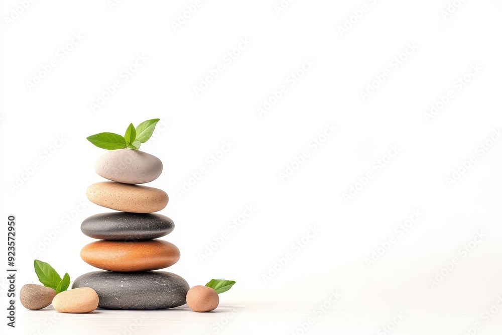 Wellness setup with meditation stones and green leaves on a minimalistic background Wellness setup with meditation stones and green leaves on a minimalistic background