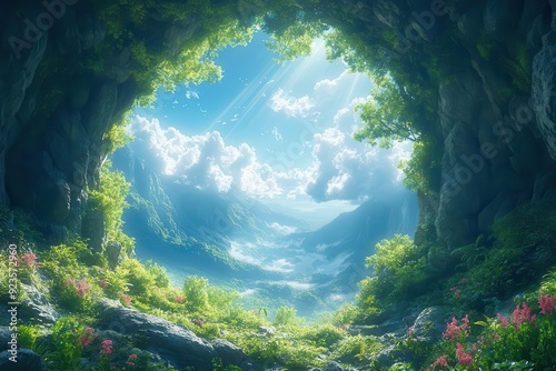 breathtaking animestyle landscape of hidden mystical cave entrance lush vegetation and dramatic cloudscape with rays of sunlight