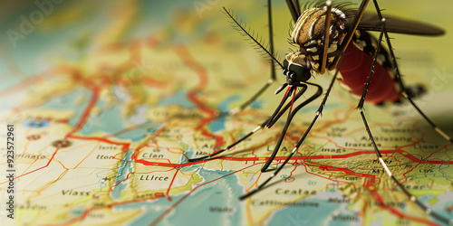 Malaria is the mosquito's sting of tropical travels, posing a risk in affected regions: Illustrate malaria as a mosquito hovering over a map
