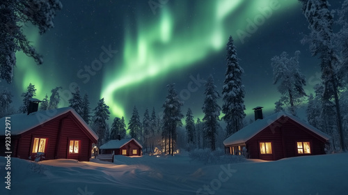 Aurora borealis over traditional red cottages 