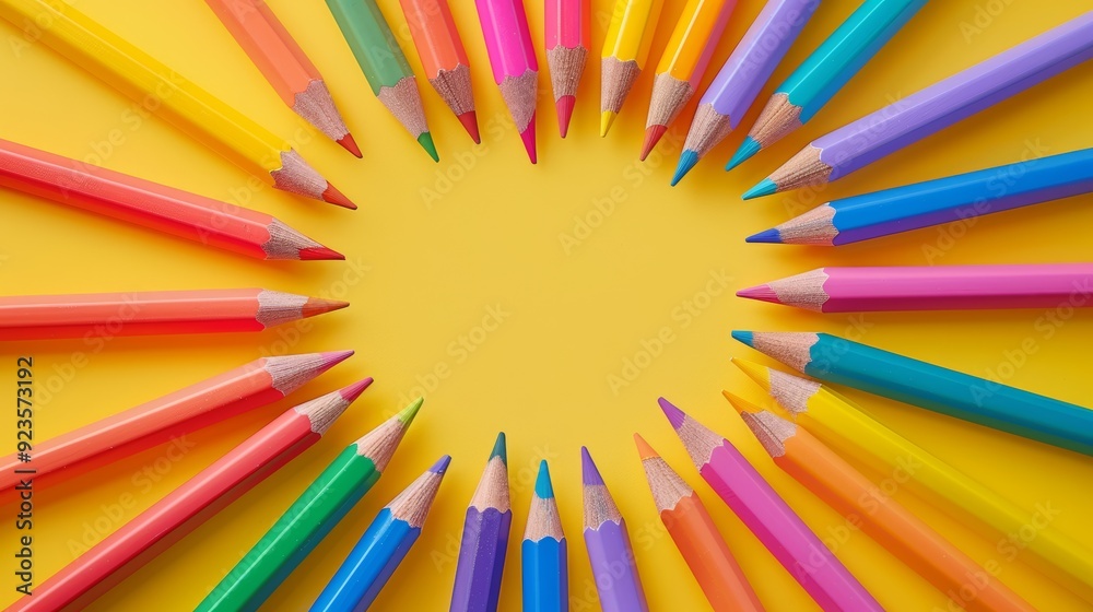 Obraz premium Colorful Border Frame Background with Back to School Concept Featuring Vibrant Pencils on Yellow Background