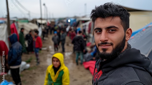 Man standing in a refugee camp, humanitarian crisis, displaced communities. photo