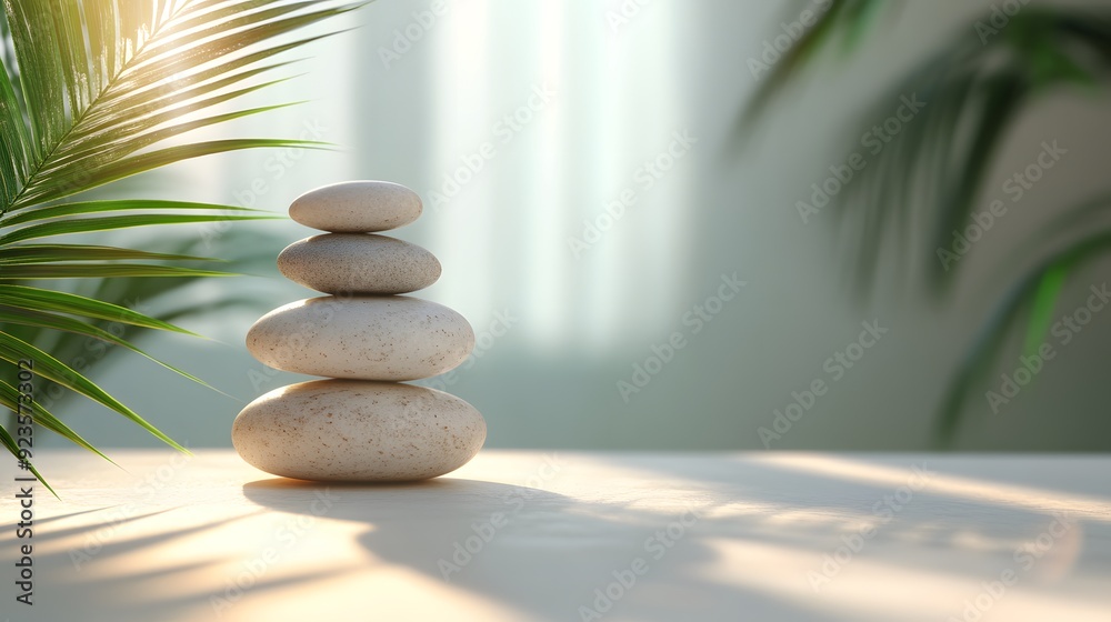 Zen stone stack, bright natural lighting, palm leaf, soft green background, minimalist spa composition, smooth pebbles balanced, tranquil atmosphere, copy space for text. Zen stone stack, bright natural lighting, palm leaf, soft green background, minimalist spa composition, smooth pebbles balanced, tranquil atmosphere, copy space for text.