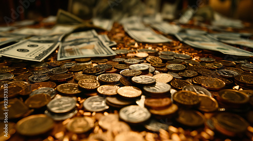 Closeup of a pile of coins and dollar bill scattered on a table