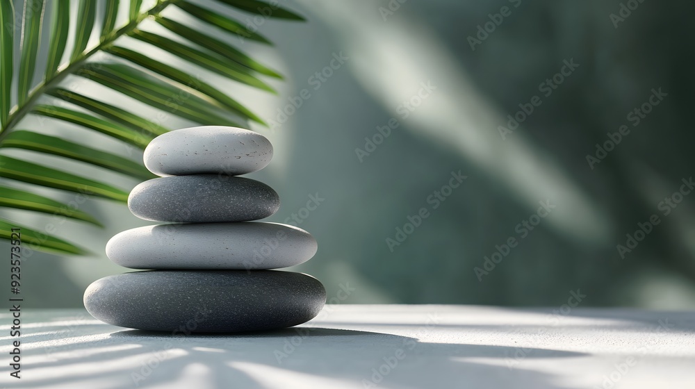 Zen stone stack, bright natural lighting, palm leaf, soft green background, minimalist spa composition, smooth pebbles balanced, tranquil atmosphere, copy space for text. Zen stone stack, bright natural lighting, palm leaf, soft green background, minimalist spa composition, smooth pebbles balanced, tranquil atmosphere, copy space for text.