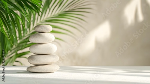 Zen stone stack, bright natural lighting, palm leaf, soft green background, minimalist spa composition, smooth pebbles balanced, tranquil atmosphere, copy space for text.