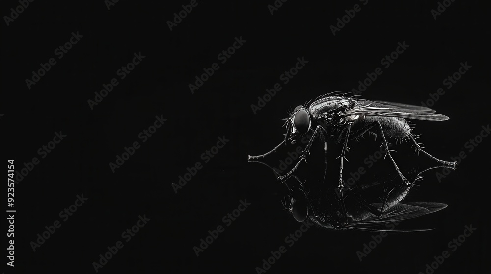 Naklejka premium Macro close-up of a fly on a reflective black surface - intriguing insect photography.