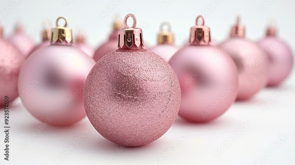 Shiny pink Christmas ornaments arranged on a white background during the holiday season Shiny pink Christmas ornaments arranged on a white background during the holiday season