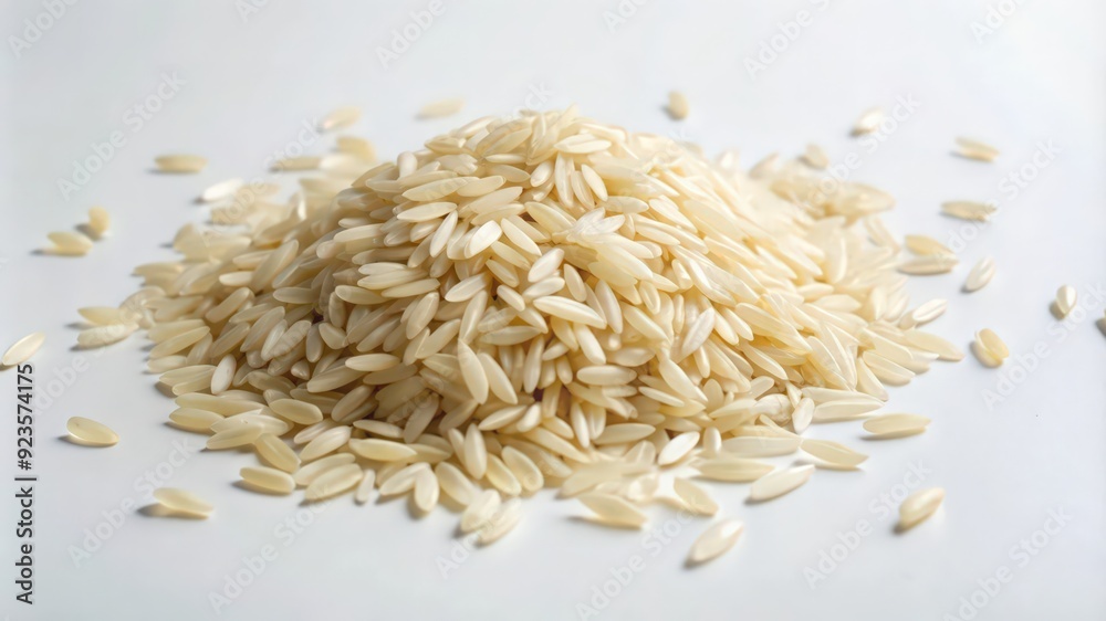 Obraz premium Pile of Uncooked Long Grain Rice on White Surface