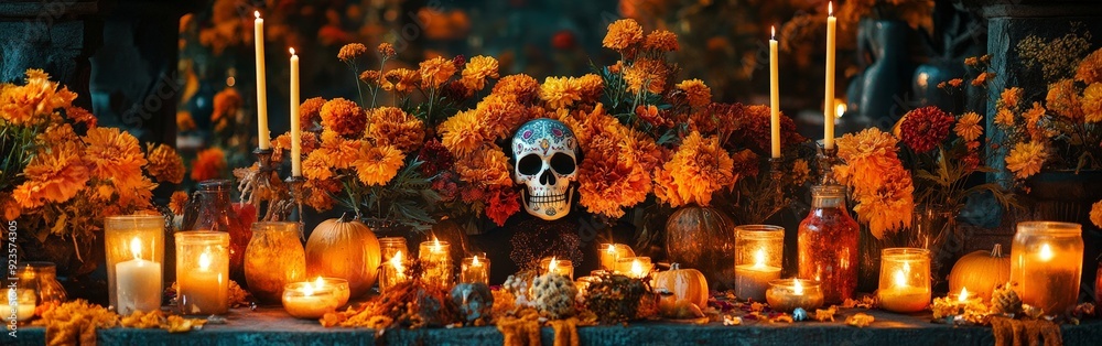 Day of the Dead altar with colorful sugar skulls and candles, vibrant and festive Day of the Dead altar with colorful sugar skulls and candles, vibrant and festive