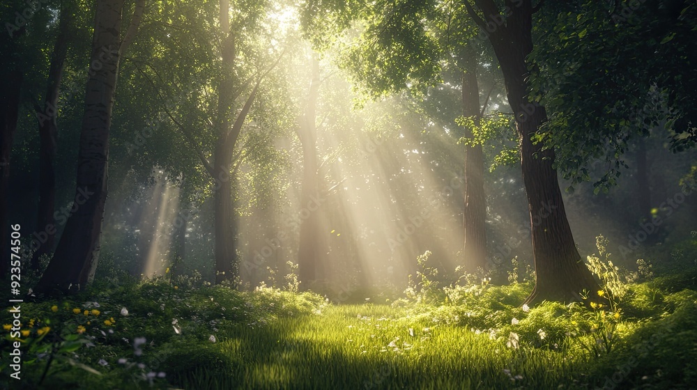 Obraz premium A tranquil forest scene with sunlight filtering through the trees, providing a calm and peaceful backdrop.
