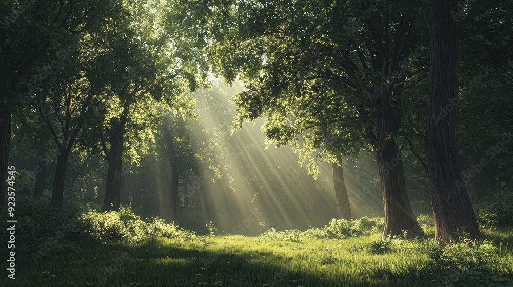Obraz premium A tranquil forest scene with sunlight filtering through the trees, providing a calm and peaceful backdrop.