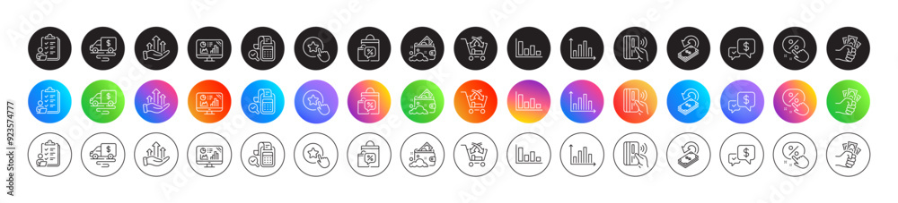 Loyalty star, Growth chart and Histogram line icons. Round icon gradient buttons. Pack of Cross sell, Diagram graph, Discount button icon. Fraud, Contactless payment, Sale bags pictogram. Vector Loyalty star, Growth chart and Histogram line icons. Round icon gradient buttons. Pack of Cross sell, Diagram graph, Discount button icon. Fraud, Contactless payment, Sale bags pictogram. Vector