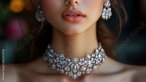 A breathtaking woman displays intricate jewelry, exuding elegance and grace in a soft, ambient light