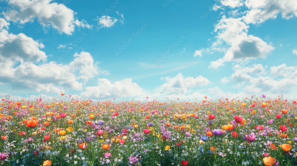 A vibrant field of blooming wildflowers under a clear blue sky, creating a colorful natural background A vibrant field of blooming wildflowers under a clear blue sky, creating a colorful natural background