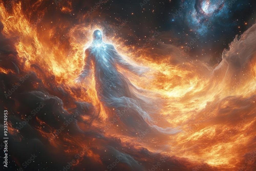 celestial being of pure light emerges from swirling nebula cosmic rays and stardust form celestial robes galaxies spin in background celestial being of pure light emerges from swirling nebula cosmic rays and stardust form celestial robes galaxies spin in background