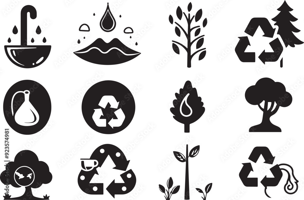 Fototapeta premium A simple vector icon set featuring a water conservation, eco-friendly practices, forest preservation, and environmental care .icons in black and white style with isolated on white