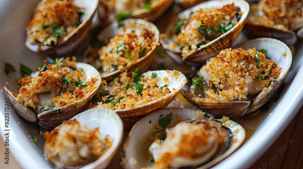 Baked clams with garlic and herb breadcrumbs. Baked clams with garlic and herb breadcrumbs.