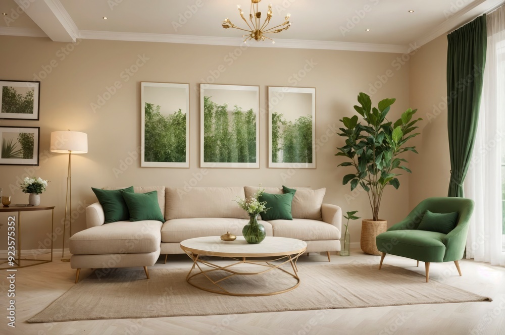 A living room with a green plant, a white couch, and a green chair A living room with a green plant, a white couch, and a green chair