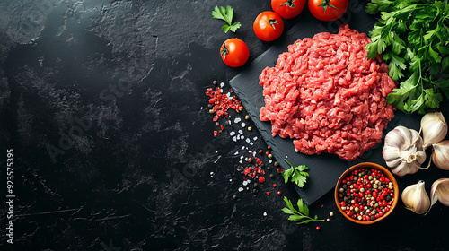Mince ground meat with ingredients for cooking on black background. Top view 