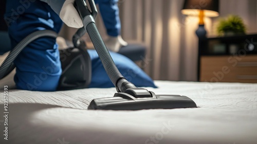 Professional Janitor Vacuuming Bed Indoors