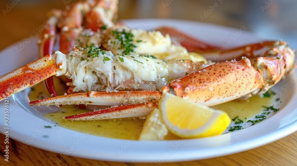 Crab legs with melted butter and lemon wedges on a white plate Crab legs with melted butter and lemon wedges on a white plate