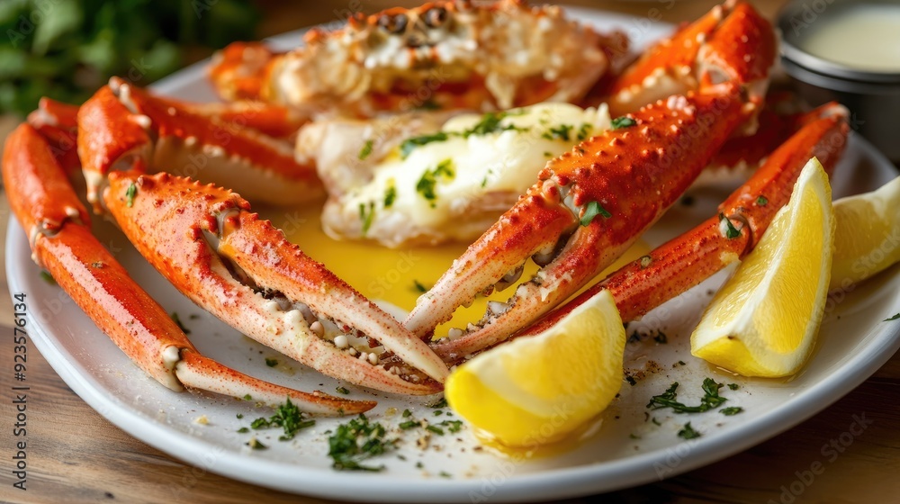 Crab legs with melted butter and lemon wedges on a white plate Crab legs with melted butter and lemon wedges on a white plate