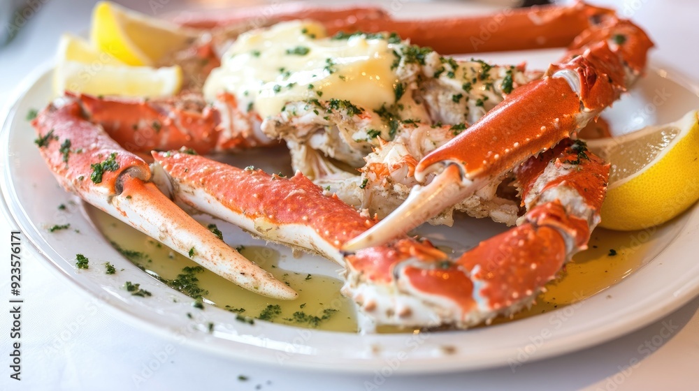 Crab legs with melted butter and lemon wedges on a white plate Crab legs with melted butter and lemon wedges on a white plate
