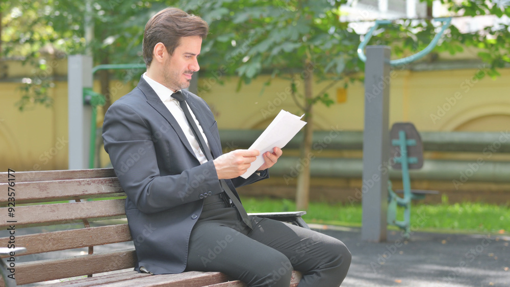 Young Businessman Reading Documents while Sitting on Bench Young Businessman Reading Documents while Sitting on Bench