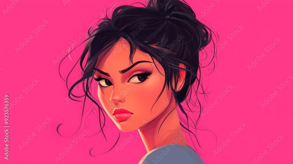 Cartoon woman with dark hair in a bun on a pink background Cartoon woman with dark hair in a bun on a pink background