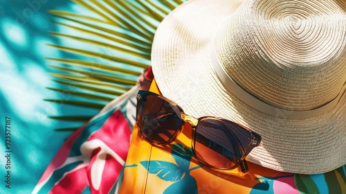 A chic sun hat and designer glasses arranged on a beach bag, with a bright swimsuit peeking out.