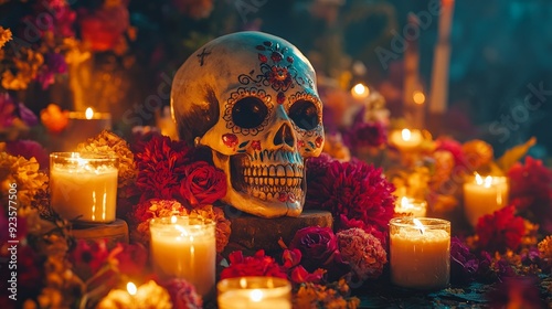 Day of the Dead altar with colorful sugar skulls and candles, vibrant and festive