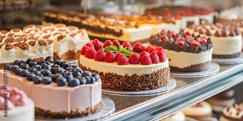 Delicious cakes on display in a bakery commercial advertising photo