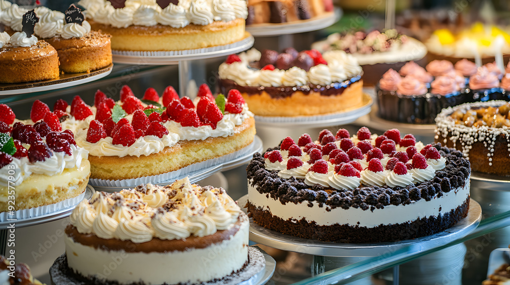 Delicious cakes on display in a bakery commercial advertising photo Delicious cakes on display in a bakery commercial advertising photo